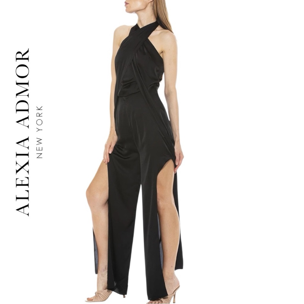 NWT Alexia Admour Black Silky Chrissy Jumpsuit Open Back Split Seam Legs